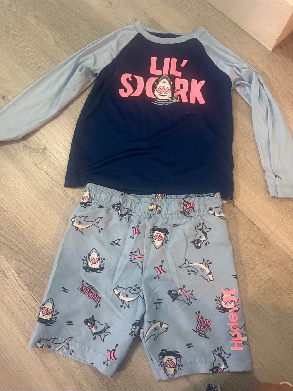 Hurley Kids Two-Piece Shark Rash Guard Set - Navy & Light Blue with Pink Accents